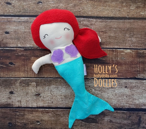 Holly's Dollies - Moorland, IA. Mermaid doll - cloth, seashell bikini top, red hair, aqua tail