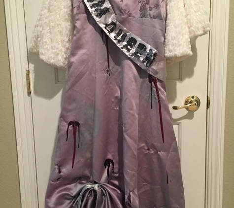 Goodwill Stores - Roseville, CA. My daughters Zombie prom queen costume--all purchased at the Goodwill store including the fake blood. Total cost less than $20