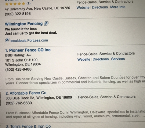 Pioneer Fence Co Inc - Wilmington, DE. Not a Member of BBB