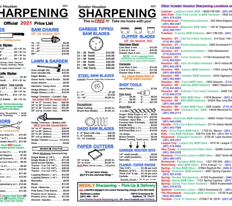 Stahlman Lumber Company - Stafford, TX. GreaterHoustonSharpening.com - See our 2021 pricing of over 100+ items for our WEEKLY sharpening services.  Keep a copy of this image.