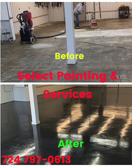 Select Painting & Services - Bentleyville, PA. Epoxy floor coating with urethane top coat.