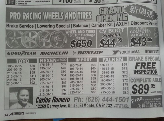 Pro Racing Wheels & Tires - El Monte, CA. good deal on alignment!  plus mount and balance