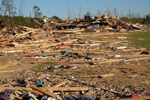 The mess and debris from a tornado.