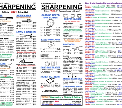 Deer Park Lumber Co. - Deer Park, TX. GreaterHoustonSharpening.com - See our 2021 pricing of over 100+ items for our WEEKLY sharpening services.  Keep a copy of this image.